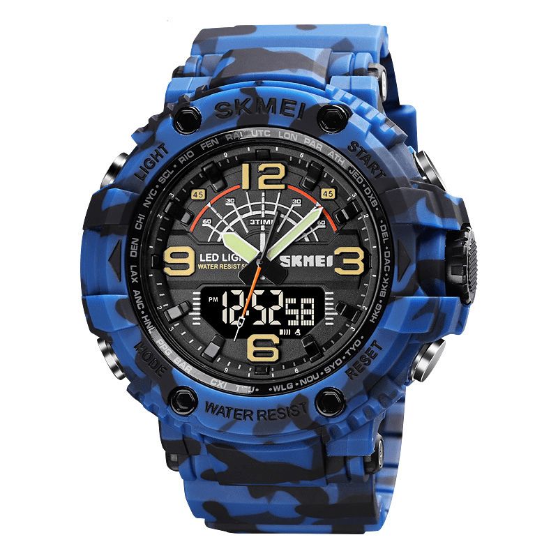 Skmei 1617 Led-Ljus Sport Män Digital Watch 5Atm Vattentät Stoppur Kamouflage Dual Display Watch