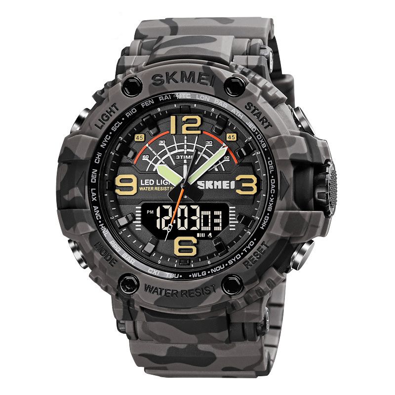 Skmei 1617 Led-Ljus Sport Män Digital Watch 5Atm Vattentät Stoppur Kamouflage Dual Display Watch