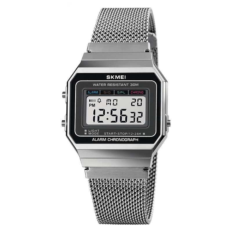 Skmei 1639 Mode Män Watch Date Week Display Stoppur Vattentät Led-Ljus Business Mesh Bälte Digital Watch