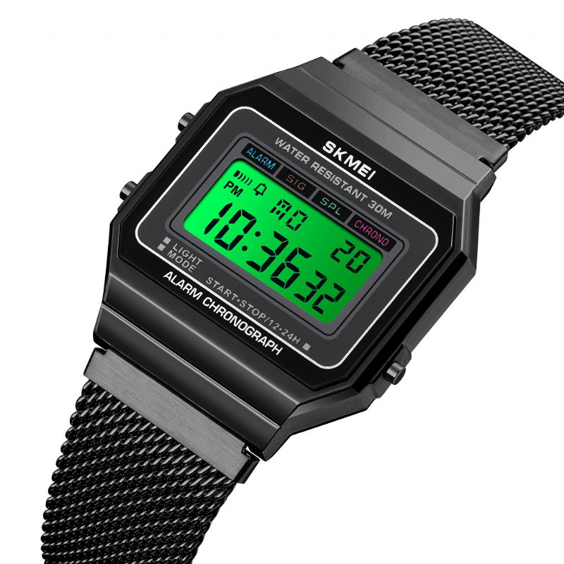 Skmei 1660 Mode Stoppur Lysande Display Herr Vattentät Klocka Mesh Strap Digital Watch