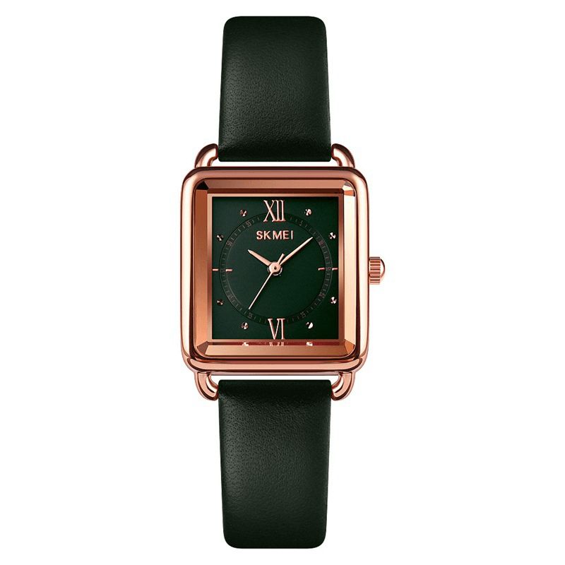 Skmei 1702 Square Dial Classic Damarmbandsur Äkta Läderband Casual Kvartsur