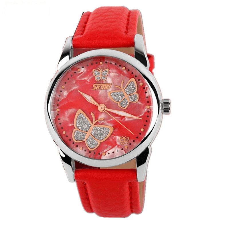 Skmei 9079 Butterfly Pu Läderband Life Vattentät Kvinnor Quartz Armbandsur