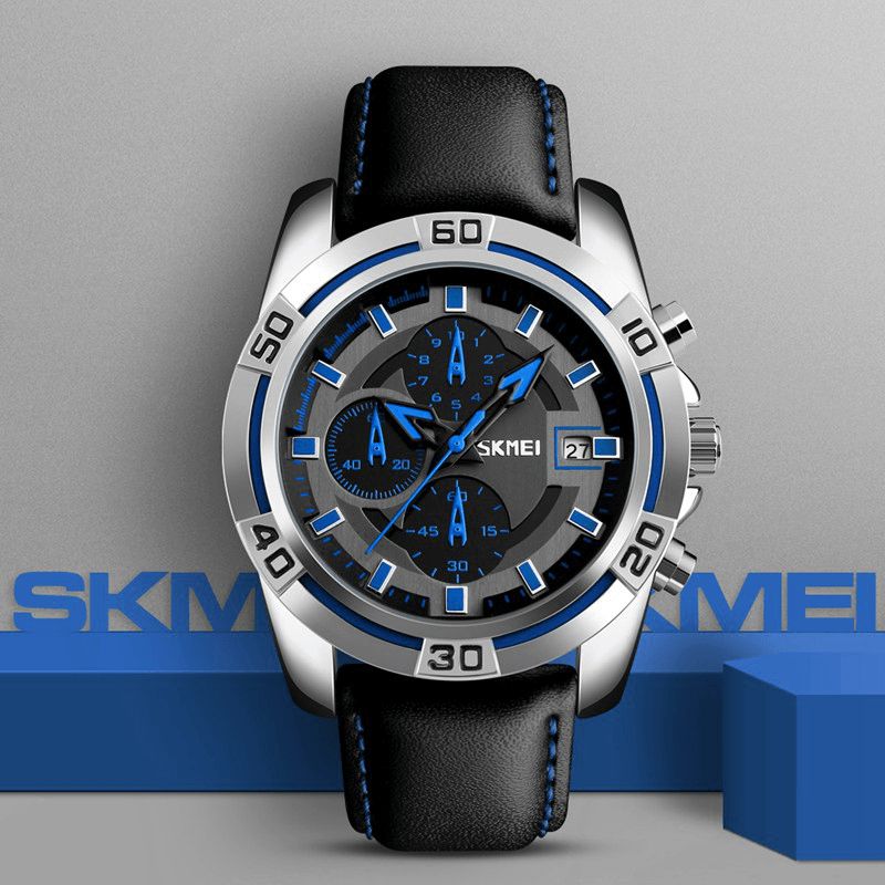 Skmei 9156 Sportklocka Chronograph Läderrem Vattentät Herr Quartz Armbandsur