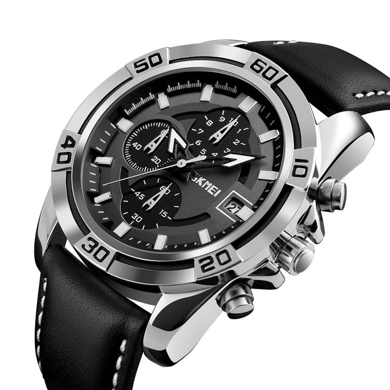 Skmei 9156 Sportklocka Chronograph Läderrem Vattentät Herr Quartz Armbandsur