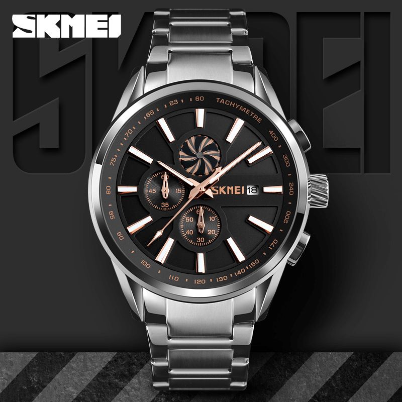 Skmei 9175 Multifunktionskalender Business Style Herr Armbandsur Steel Band Kvartsur