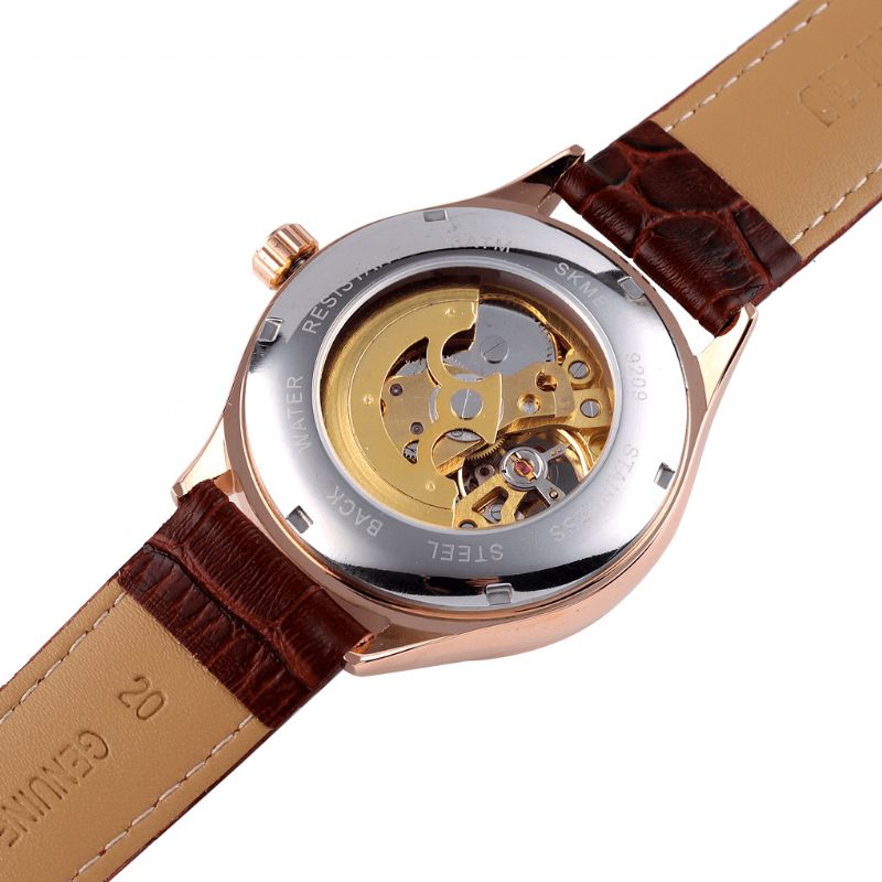 Skmei 9209 Lyxig Stil Män Business Hollow Dial Läderrem Mode Automatisk Mekanisk Klocka