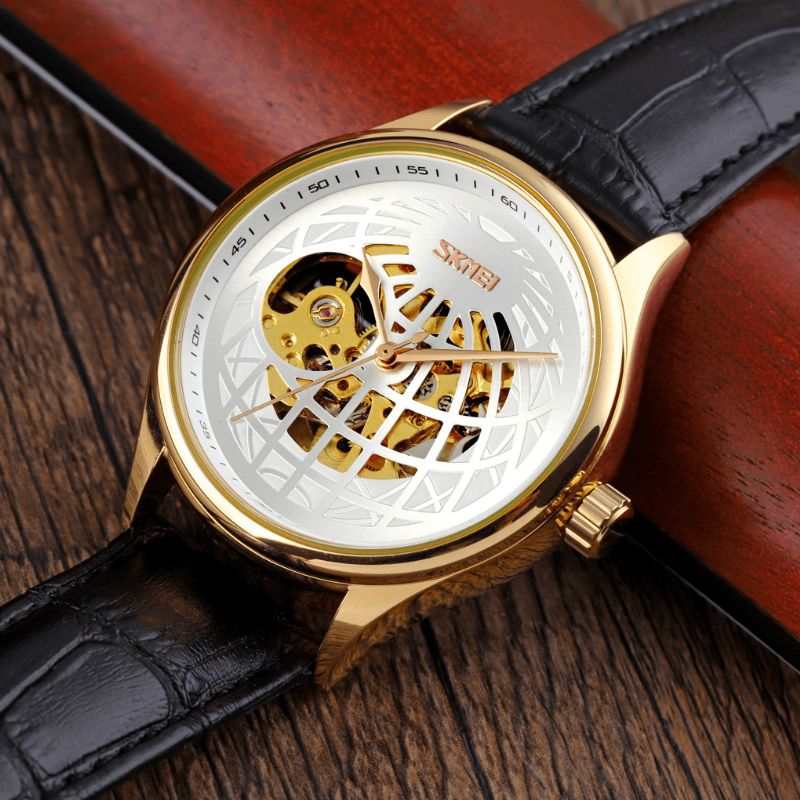 Skmei 9209 Lyxig Stil Män Business Hollow Dial Läderrem Mode Automatisk Mekanisk Klocka