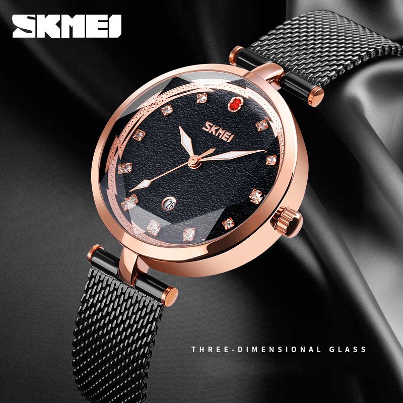 Skmei 9215 Three Dimen'Sional Crystal Damklocka Mesh Steel Band Kvartsur