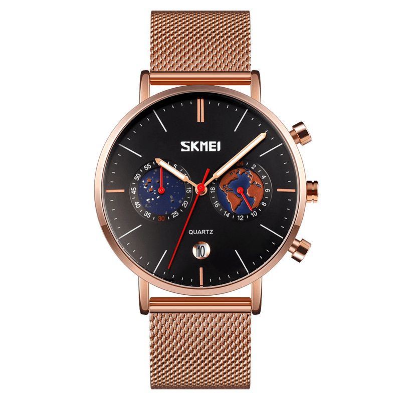 Skmei 9231 Mode Herrklocka Lysande Datumvisning Chronograph Creative Small Dial Mesh Bälte Kvartsur