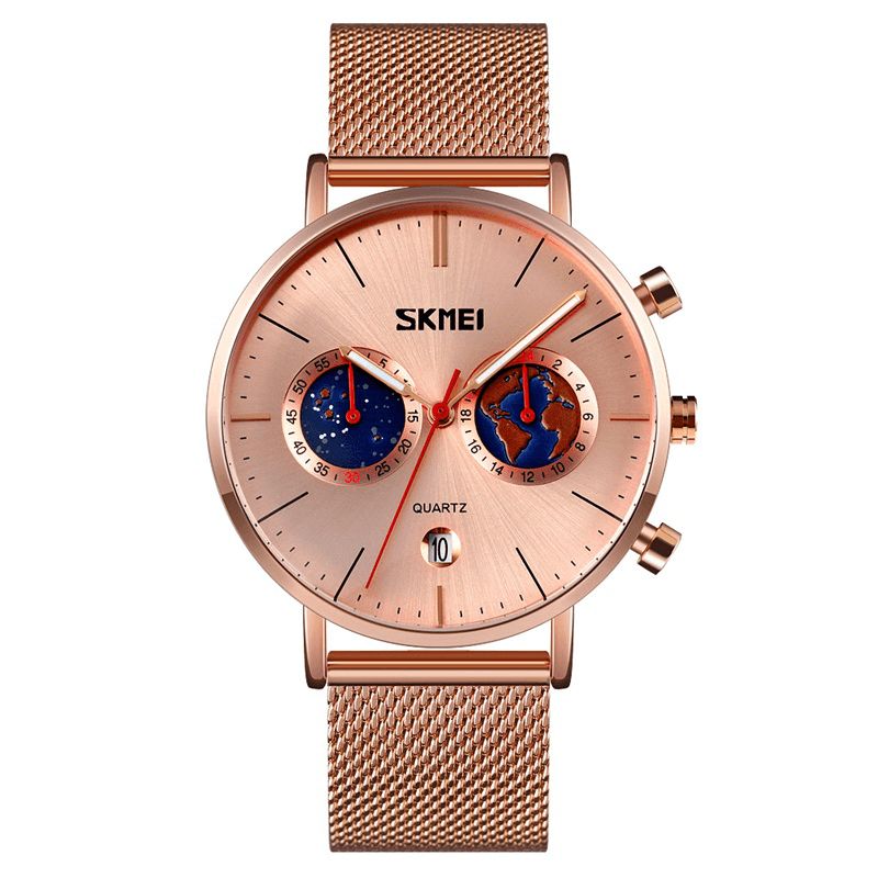 Skmei 9231 Mode Herrklocka Lysande Datumvisning Chronograph Creative Small Dial Mesh Bälte Kvartsur