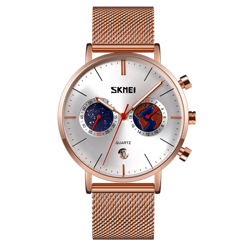 Skmei 9231 Mode Herrklocka Lysande Datumvisning Chronograph Creative Small Dial Mesh Bälte Kvartsur