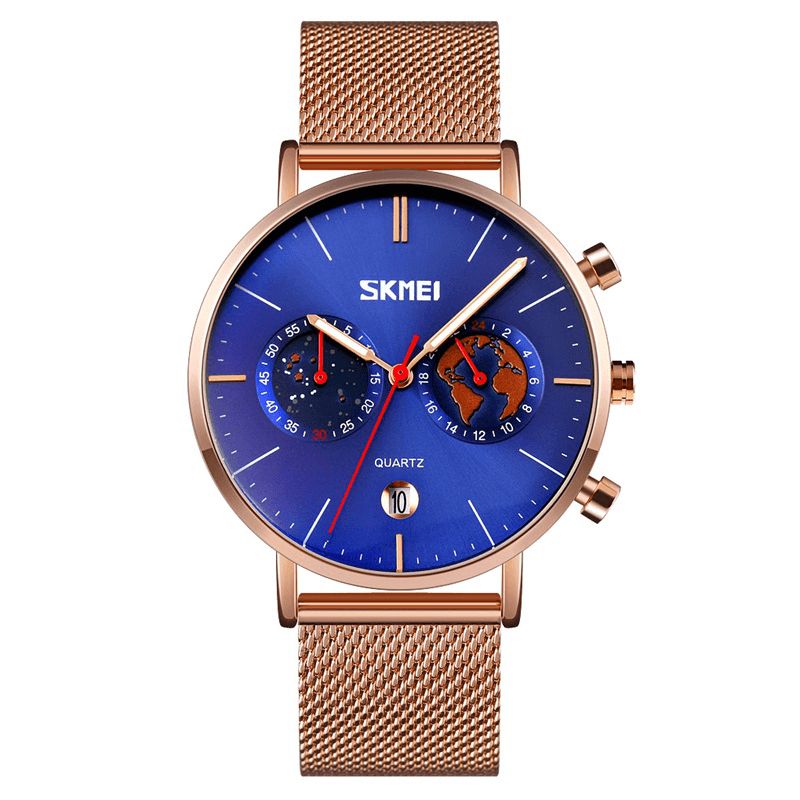 Skmei 9231 Mode Herrklocka Lysande Datumvisning Chronograph Creative Small Dial Mesh Bälte Kvartsur