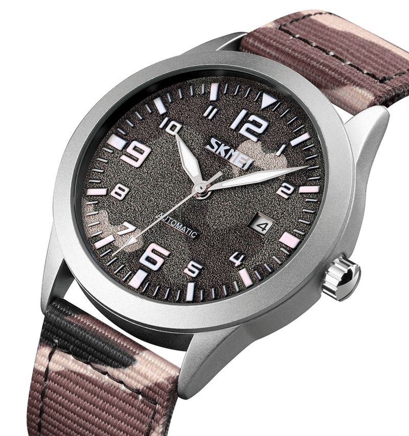 Skmei Elegant Herr Watch Luminous Pointer Camouflage Nylon Strap 3Atm Vattentät Herr Automatisk Mekanisk Klocka