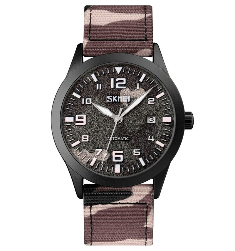 Skmei Elegant Herr Watch Luminous Pointer Camouflage Nylon Strap 3Atm Vattentät Herr Automatisk Mekanisk Klocka