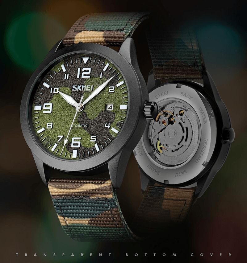 Skmei Elegant Herr Watch Luminous Pointer Camouflage Nylon Strap 3Atm Vattentät Herr Automatisk Mekanisk Klocka