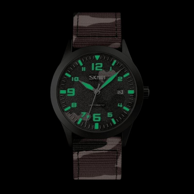 Skmei Elegant Herr Watch Luminous Pointer Camouflage Nylon Strap 3Atm Vattentät Herr Automatisk Mekanisk Klocka