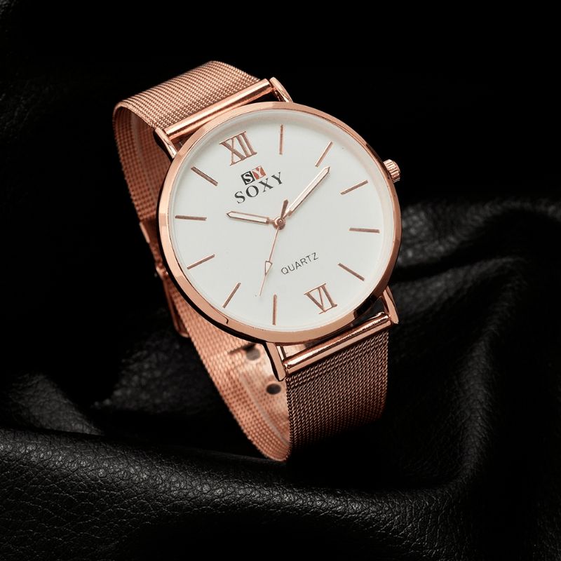 Soxy Mode Style Dam Armbandsur Damklänning Enkel Urtavla Rose Gold Armband I Rostfritt Stål Kvartsur