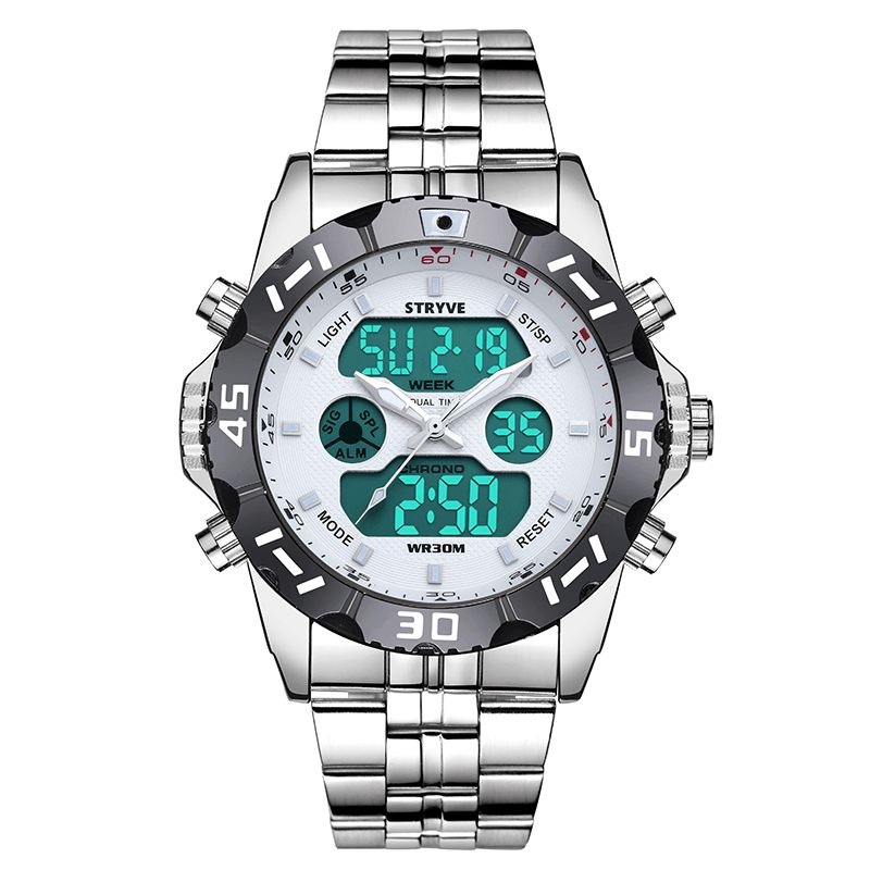 Stryve S8011 Chronograph Alarm Calendar Rostfritt Stål Sport Dual Display Digital Watch