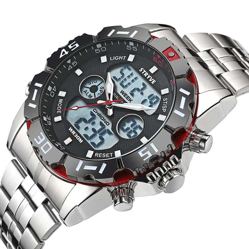 Stryve S8011 Chronograph Alarm Calendar Rostfritt Stål Sport Dual Display Digital Watch