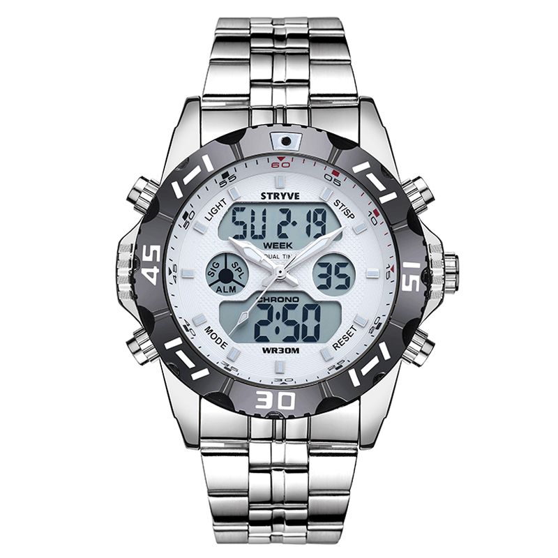 Stryve S8011 Chronograph Alarm Calendar Rostfritt Stål Sport Dual Display Digital Watch