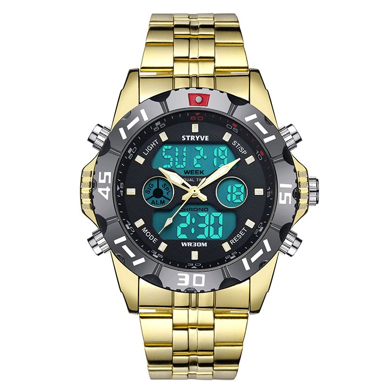 Stryve S8011 Chronograph Alarm Calendar Rostfritt Stål Sport Dual Display Digital Watch