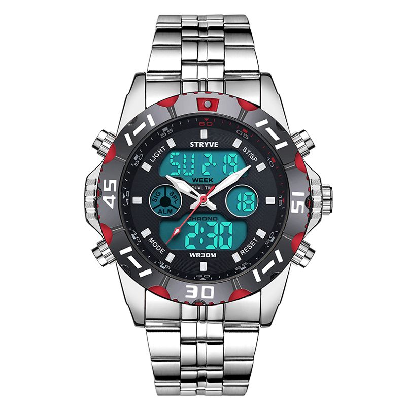 Stryve S8011 Chronograph Alarm Calendar Rostfritt Stål Sport Dual Display Digital Watch