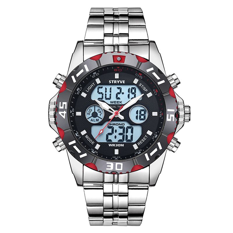 Stryve S8011 Chronograph Alarm Calendar Rostfritt Stål Sport Dual Display Digital Watch