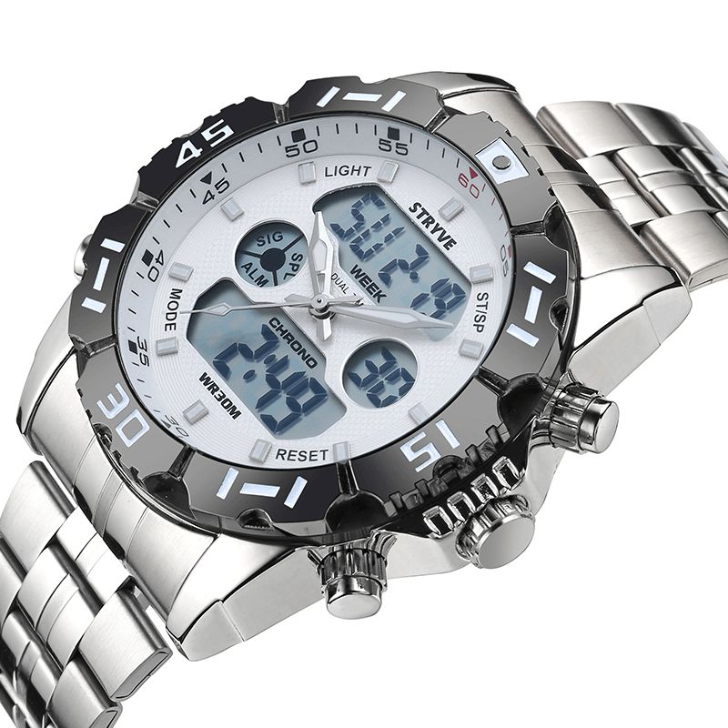 Stryve S8011 Chronograph Alarm Calendar Rostfritt Stål Sport Dual Display Digital Watch