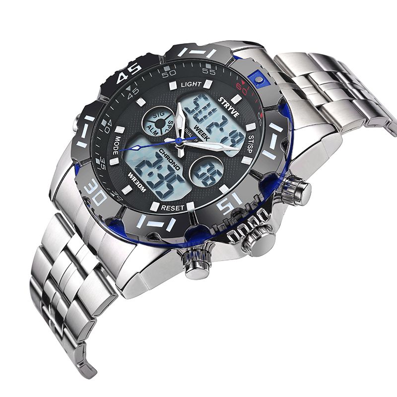 Stryve S8011 Chronograph Alarm Calendar Rostfritt Stål Sport Dual Display Digital Watch