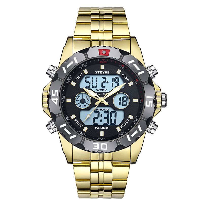 Stryve S8011 Chronograph Alarm Calendar Rostfritt Stål Sport Dual Display Digital Watch