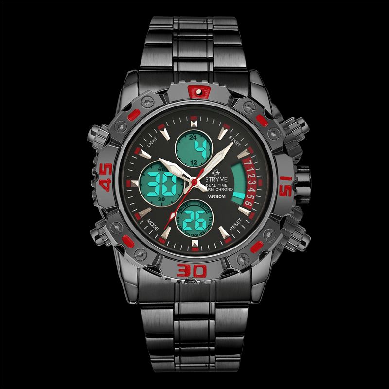 Stryve S8018 Män Full Steel Vattentät Date Week Chrono Väckarklocka Dual Display Digital Watch