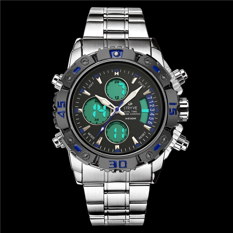 Stryve S8018 Män Full Steel Vattentät Date Week Chrono Väckarklocka Dual Display Digital Watch