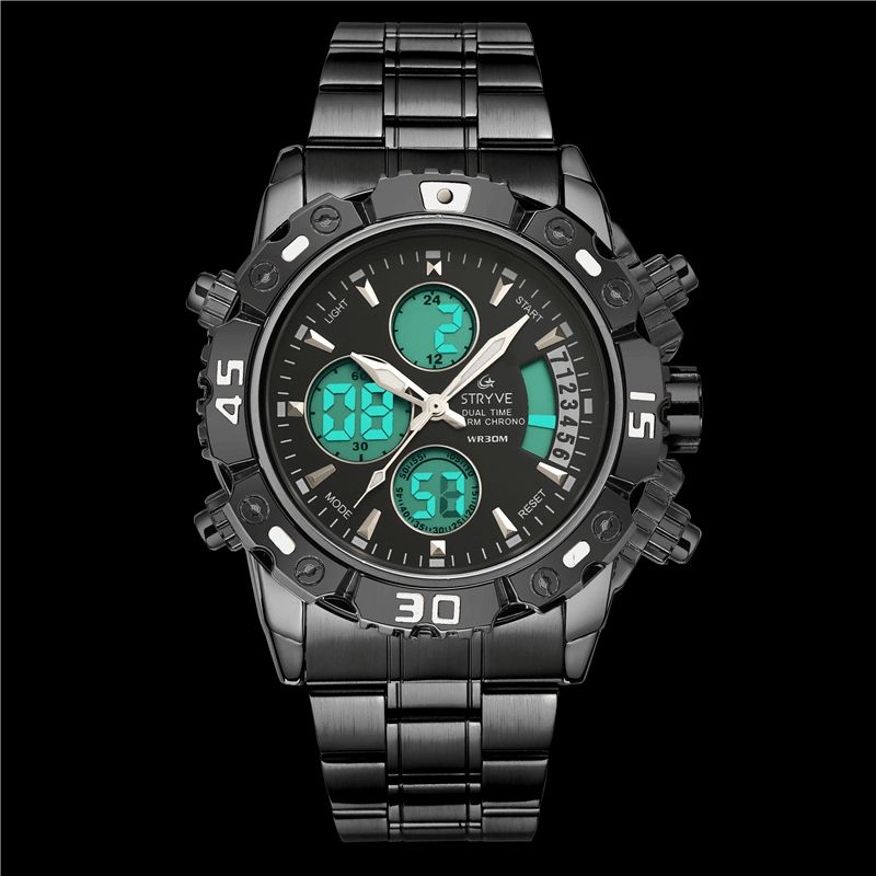 Stryve S8018 Män Full Steel Vattentät Date Week Chrono Väckarklocka Dual Display Digital Watch