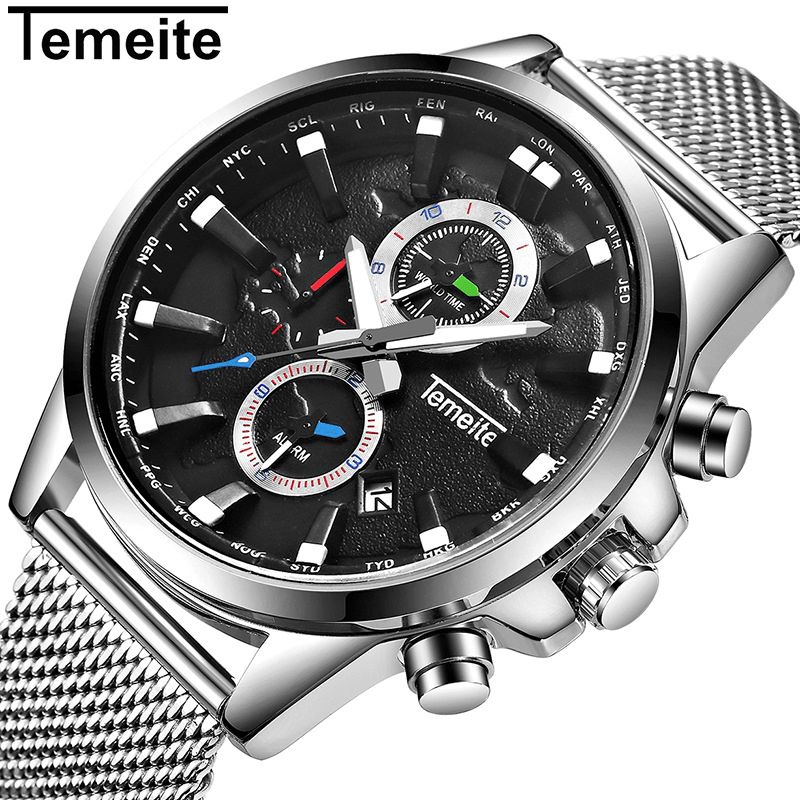 Temeite Herr Business Watch Chronograph Calendar Mode Casual 3Atm Vattentät Kvartsklocka