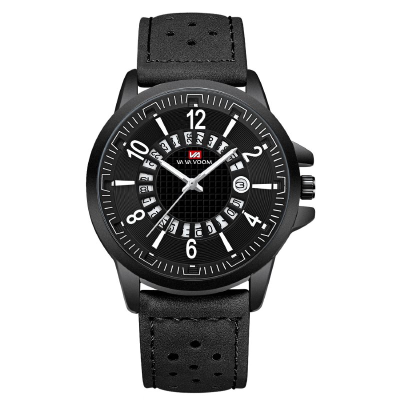 Va Va Voom Va-206 Casual Style Date Display Utomhus Kvartsur Läderband Herrklocka