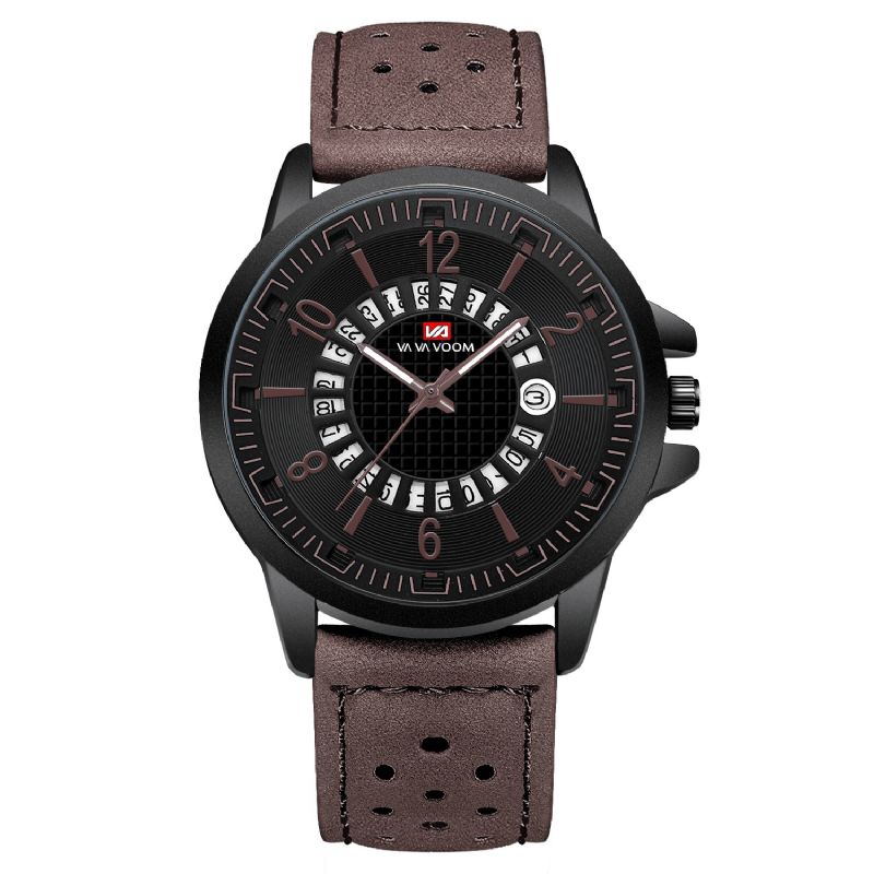 Va Va Voom Va-206 Casual Style Date Display Utomhus Kvartsur Läderband Herrklocka