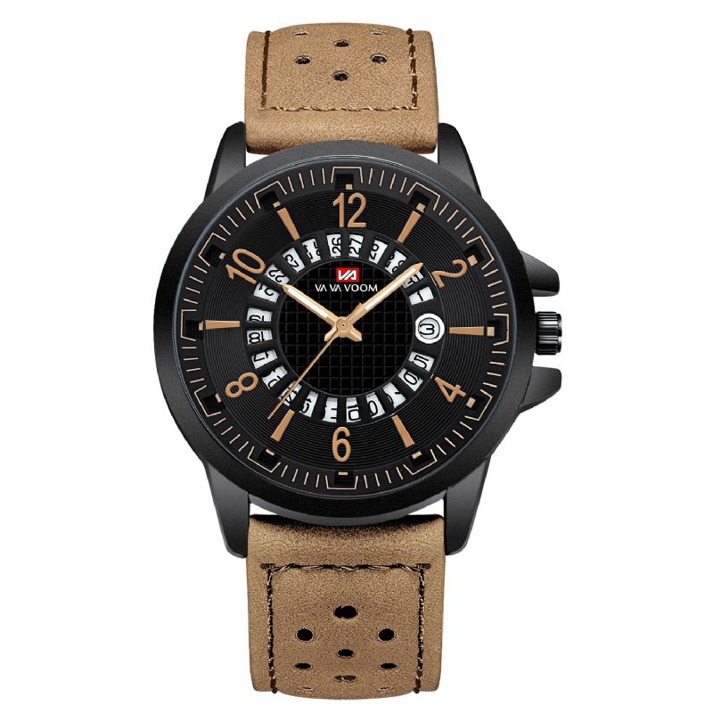 Va Va Voom Va-206 Casual Style Date Display Utomhus Kvartsur Läderband Herrklocka