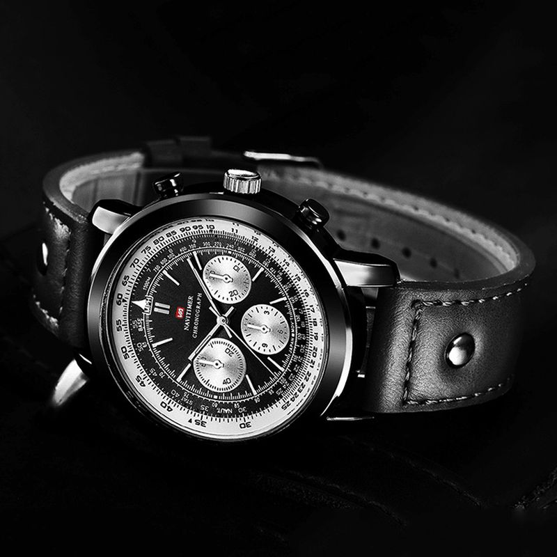 Vava Voom Va-207 Business Large Urtavla Äkta Läderrem Chronograph Waterproof Herr Kvartsur