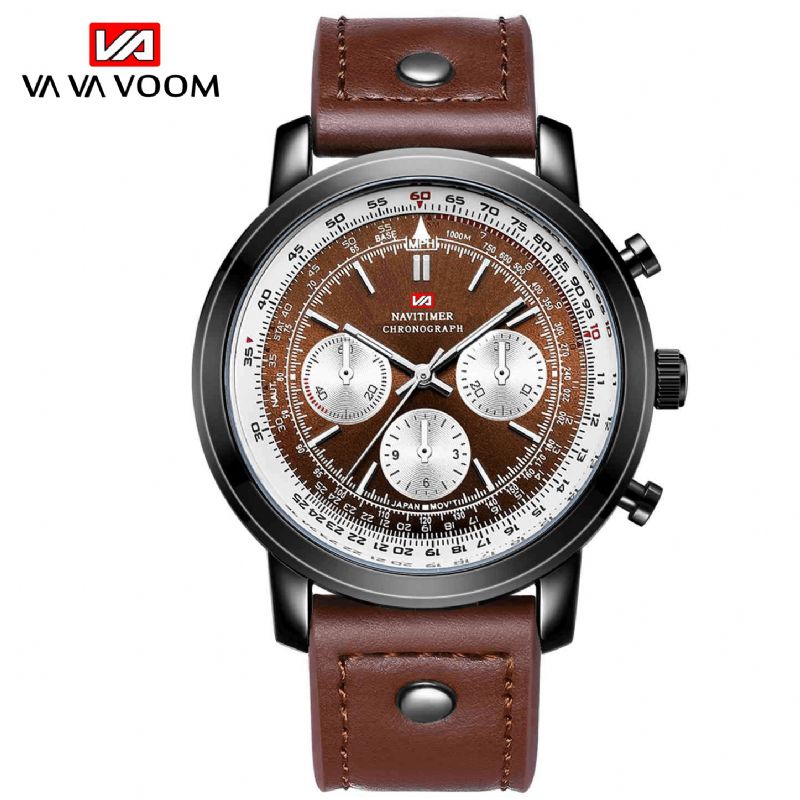 Vava Voom Va-207 Business Large Urtavla Äkta Läderrem Chronograph Waterproof Herr Kvartsur