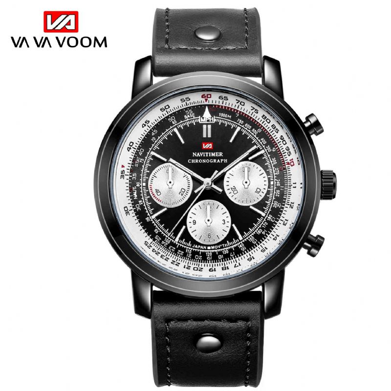 Vava Voom Va-207 Business Large Urtavla Äkta Läderrem Chronograph Waterproof Herr Kvartsur