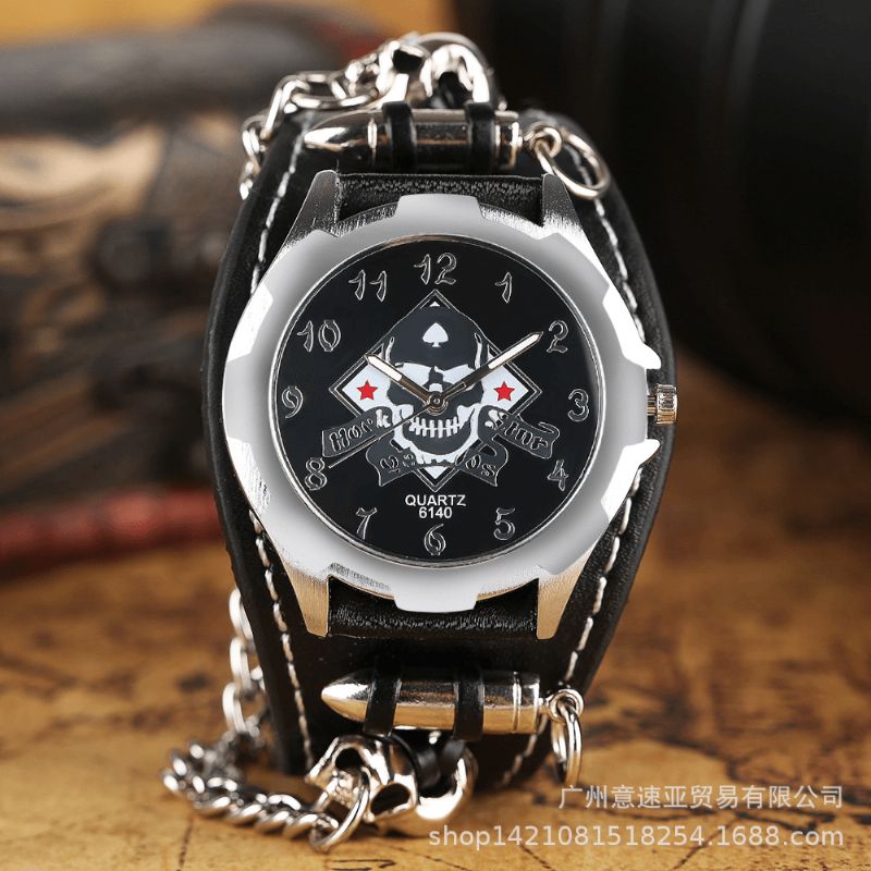 Vintage Fyrkantig Urtavla Herrklocka Hollow Skull Leather Kvartsur