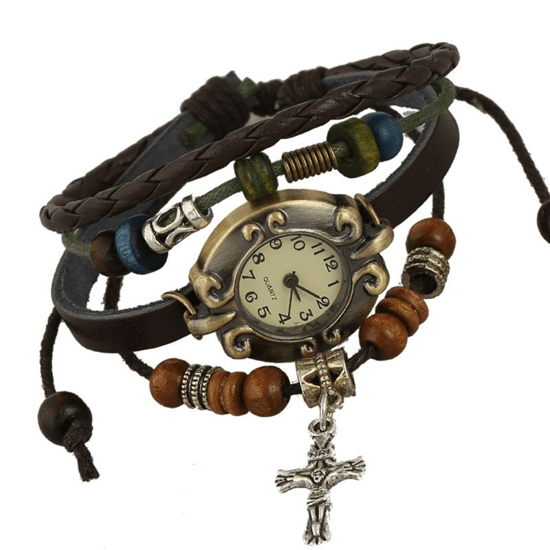 Vintage Kohud Armband Watch Beaded Cross Pendant Läder Lady Armband Watch Armband