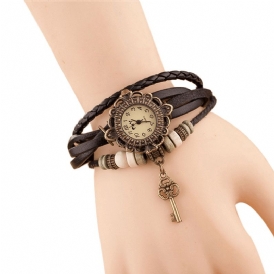 Vintage Multilayer Key Hänge Läderrem Dam Kvartsur Armband Watch