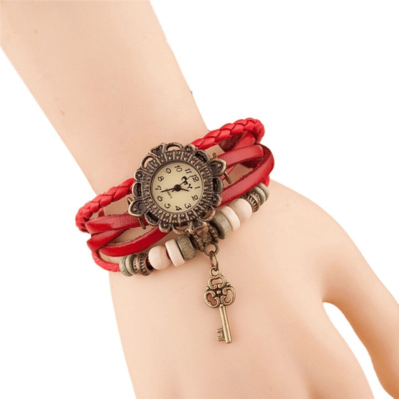 Vintage Multilayer Key Hänge Läderrem Dam Kvartsur Armband Watch