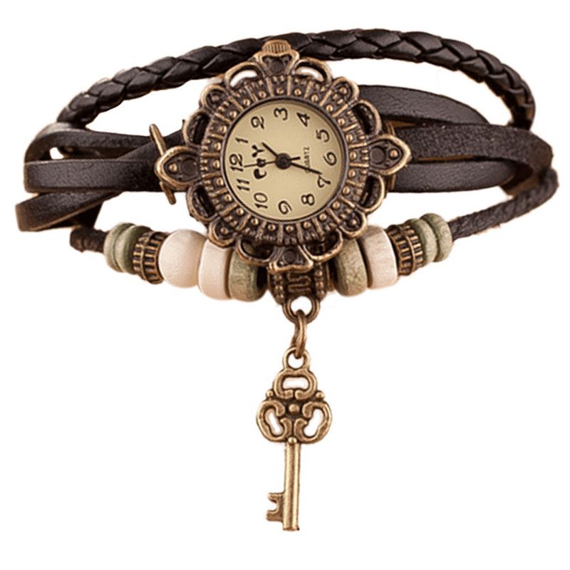 Vintage Multilayer Key Hänge Läderrem Dam Kvartsur Armband Watch