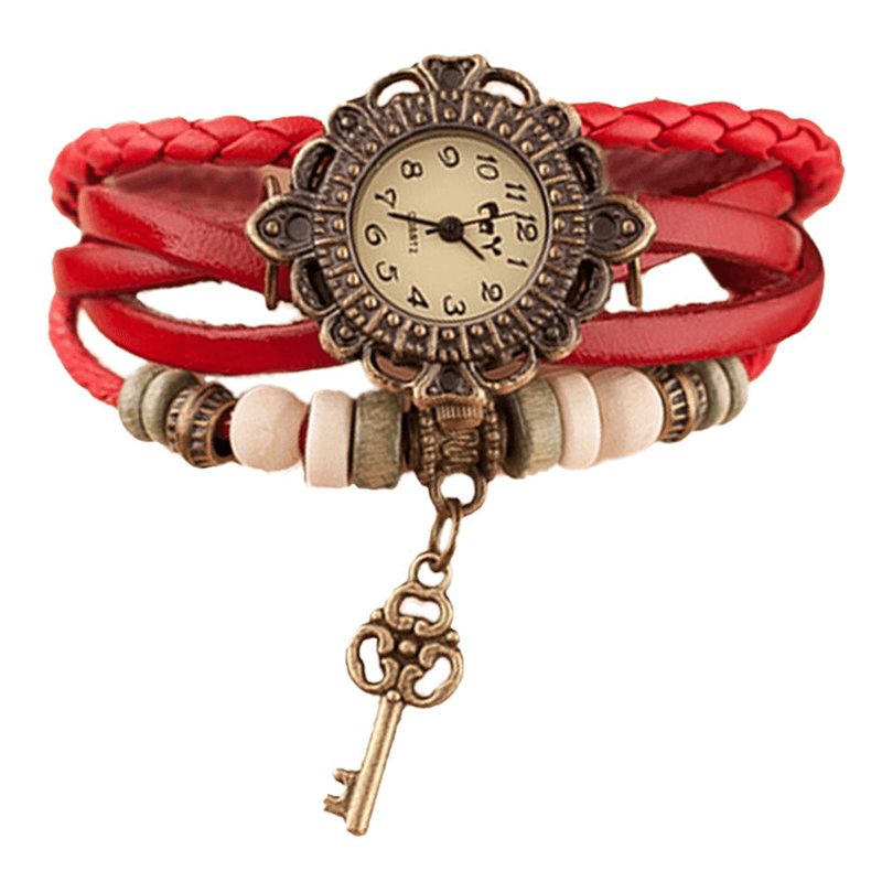 Vintage Multilayer Key Hänge Läderrem Dam Kvartsur Armband Watch