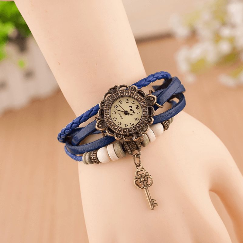 Vintage Multilayer Key Hänge Läderrem Dam Kvartsur Armband Watch