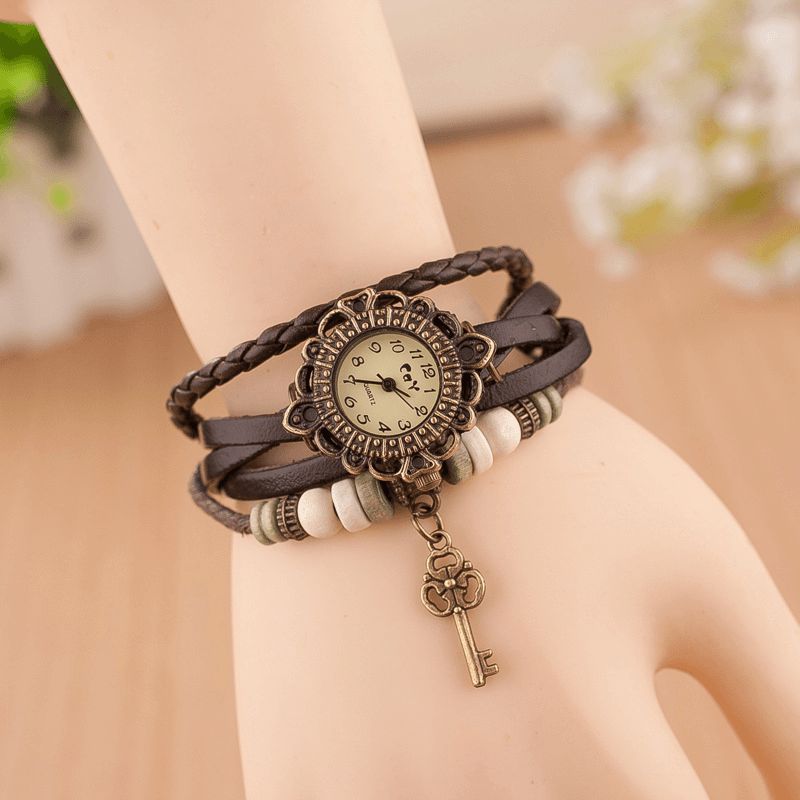 Vintage Multilayer Key Hänge Läderrem Dam Kvartsur Armband Watch