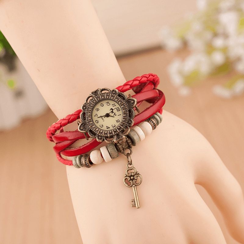 Vintage Multilayer Key Hänge Läderrem Dam Kvartsur Armband Watch