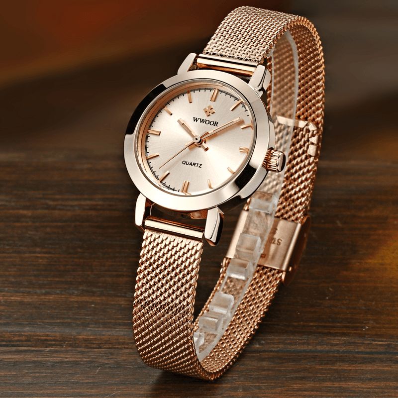 Wwoor 8823 Enkel Design Elegant Armbandsur För Damer Mesh Stålklocka Kvarts Klockor